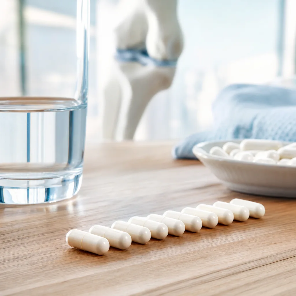 dietary supplement capsules arranged in a neat row on a wooden table