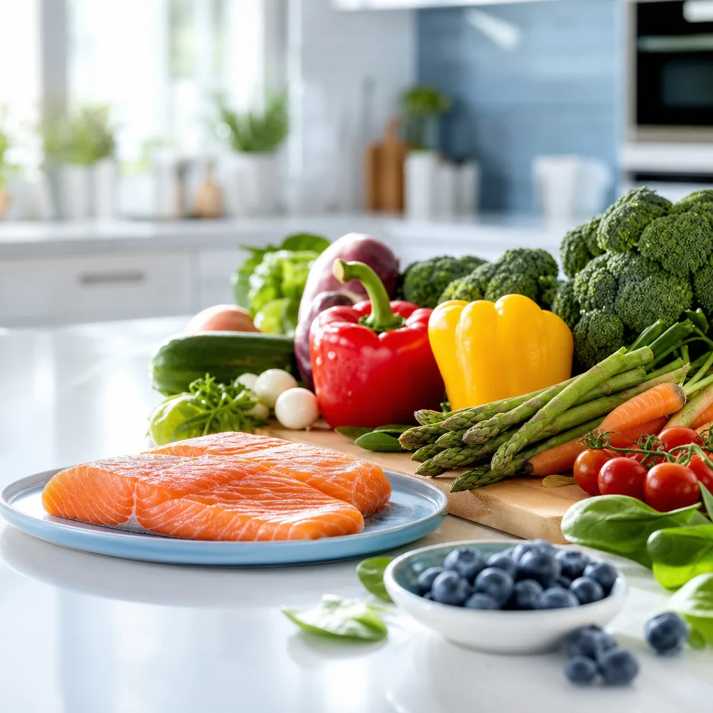 variety of colorful vegetables and fish fillet arranged on a kitchen counter
