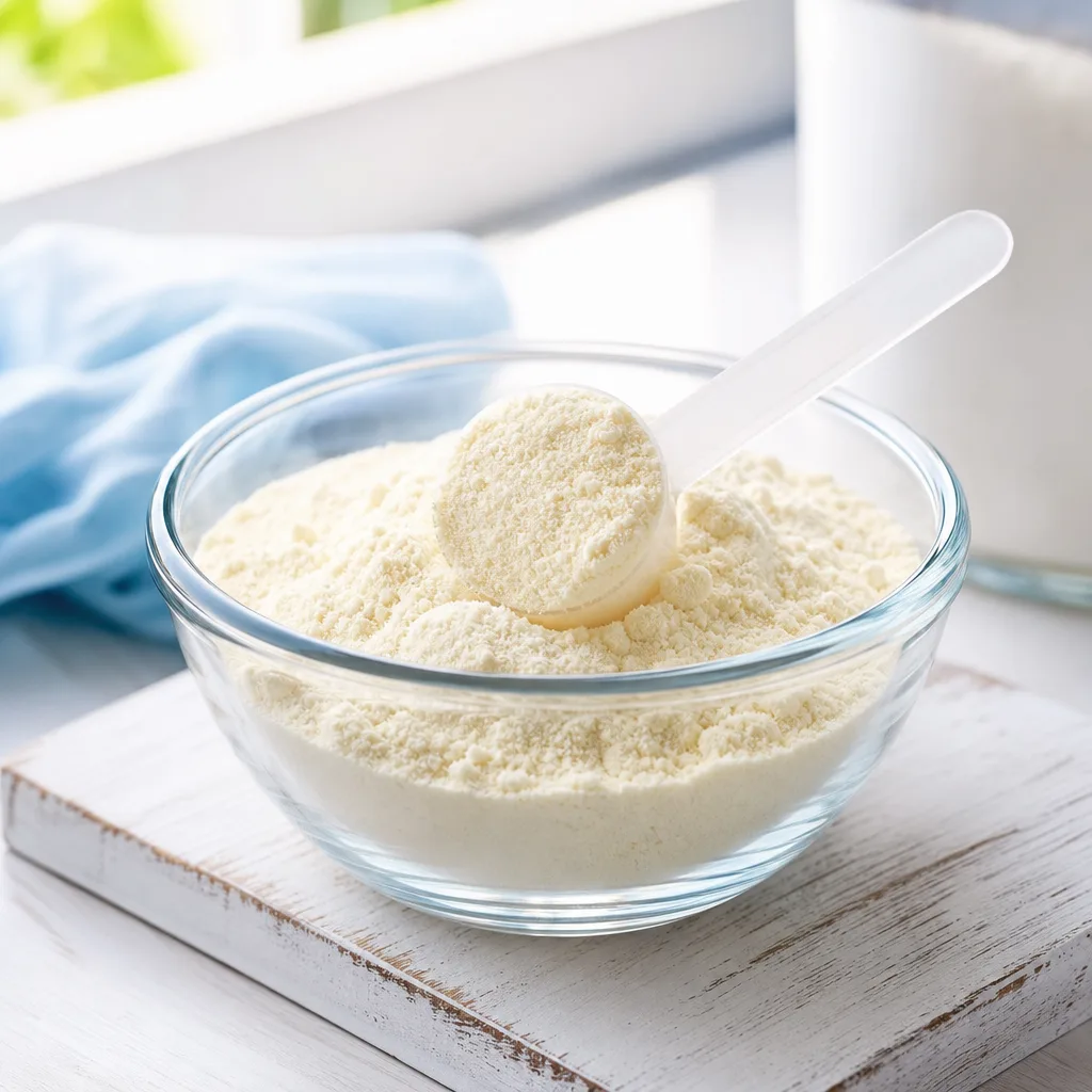glass bowl of pale cream colored powder with a small scoop on a light wooden surface