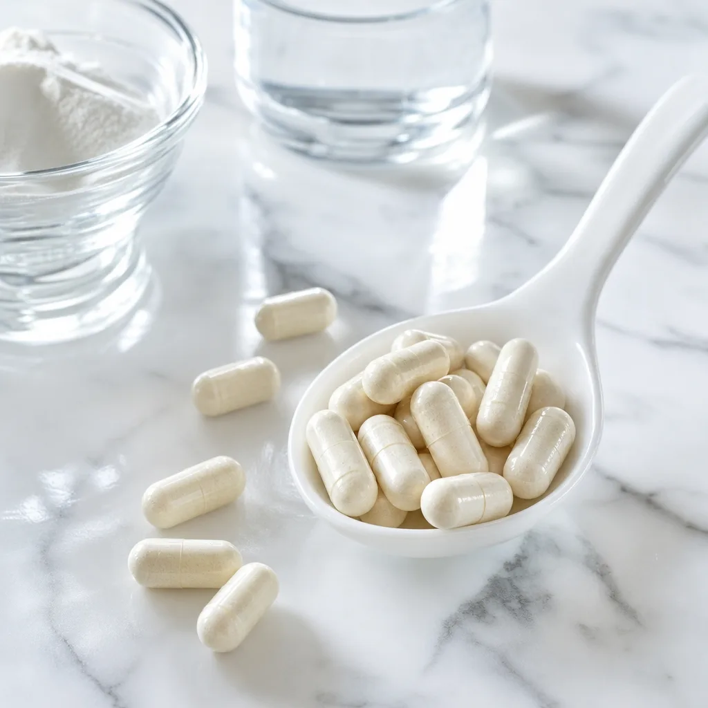 flat lay of dairy based supplement capsules on a white marble surface, minimal styling