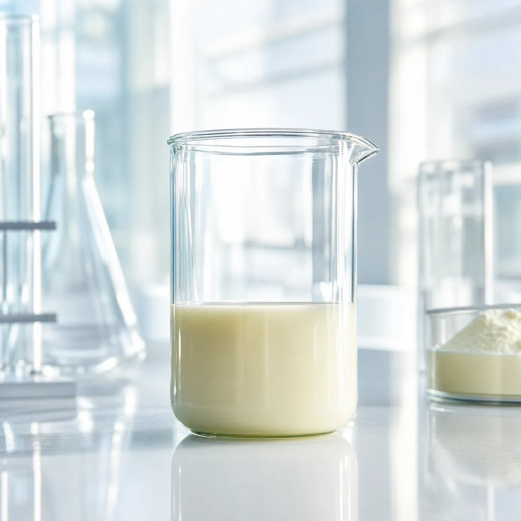 close up of glass laboratory beaker with pale liquid and soft window light