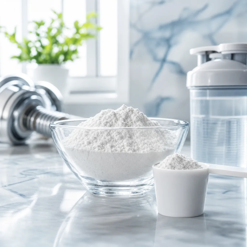 white creatine monohydrate powder in a glass bowl with a measuring scoop on a kitchen counter