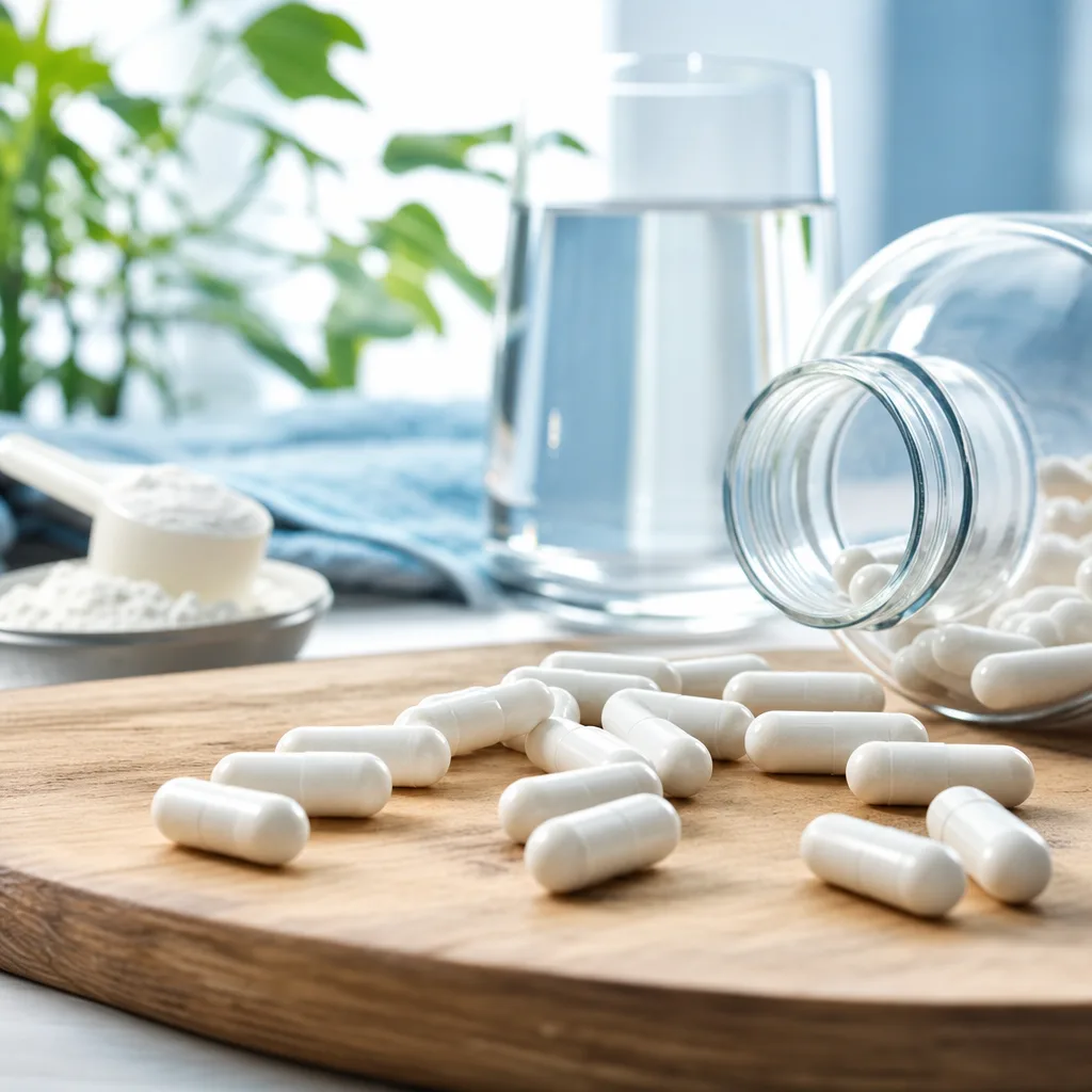 scattered creatine capsules on a wooden surface with soft natural light