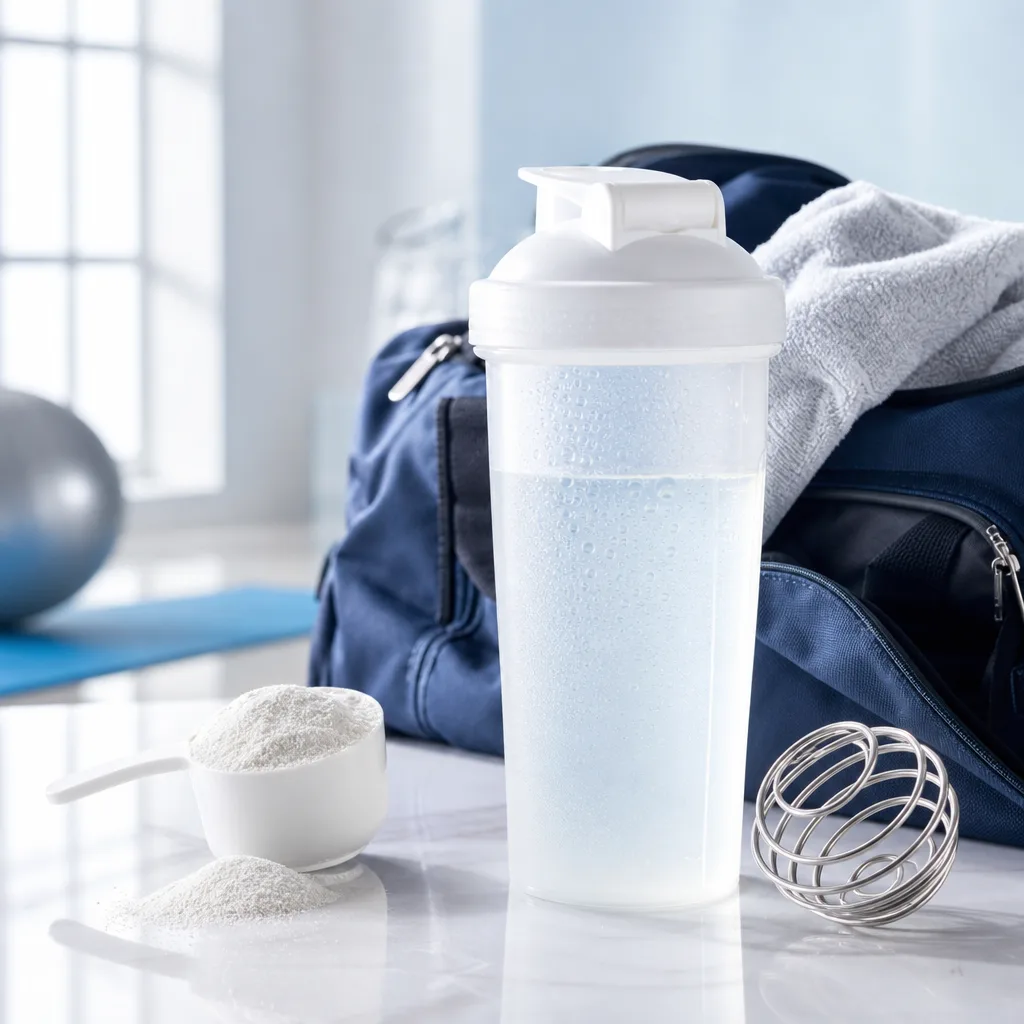 clear shaker bottle filled with dissolved amino acid powder in a sports bag, natural light