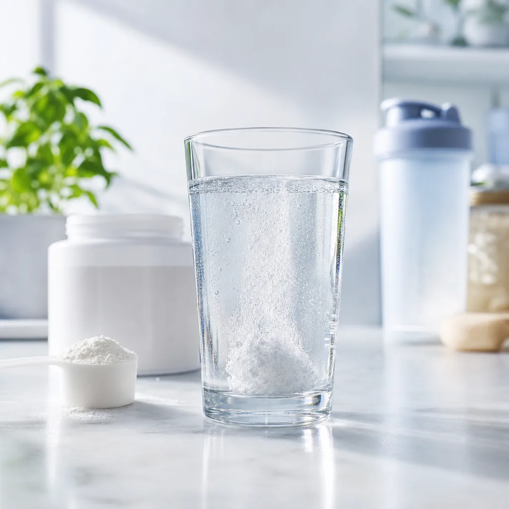 clear glass of dissolved amino acid powder with visible fizz on a light kitchen counter, side light