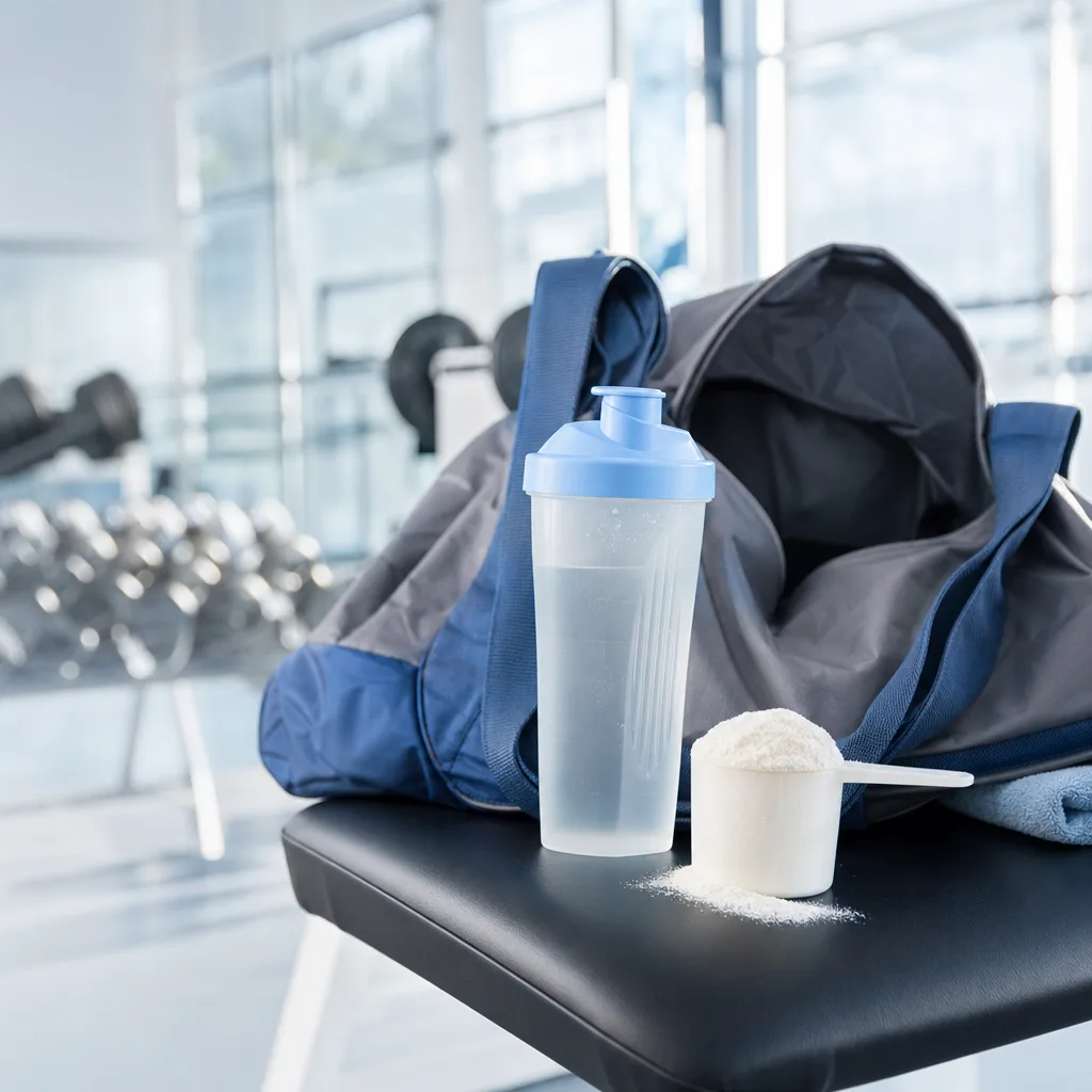 gym bag with a shaker bottle and scoop of white powder resting on a bench, natural daylight