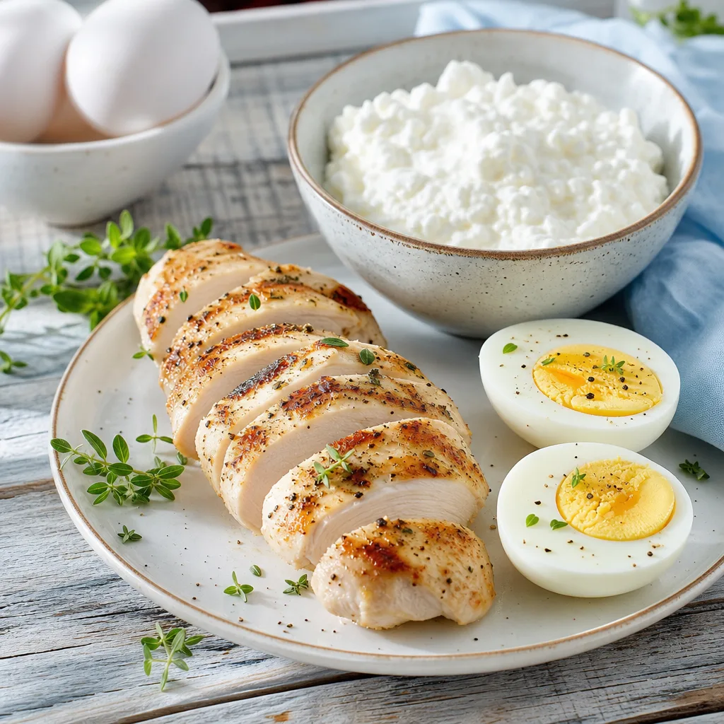 Grilled chicken breast, boiled eggs and a bowl of quark arranged on a rustic wooden table, natural light