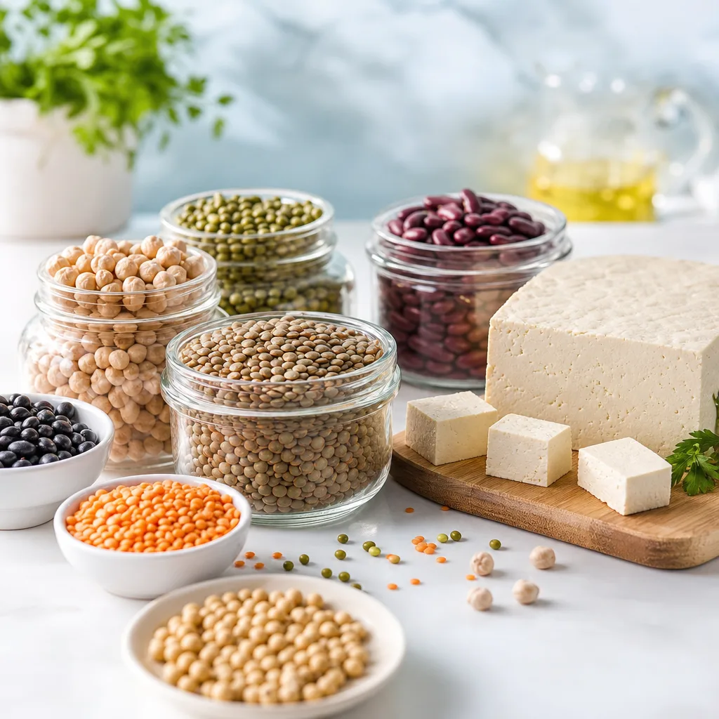 Assorted legumes in small glass jars, lentils, chickpeas and beans, next to a block of tofu on a cutting board