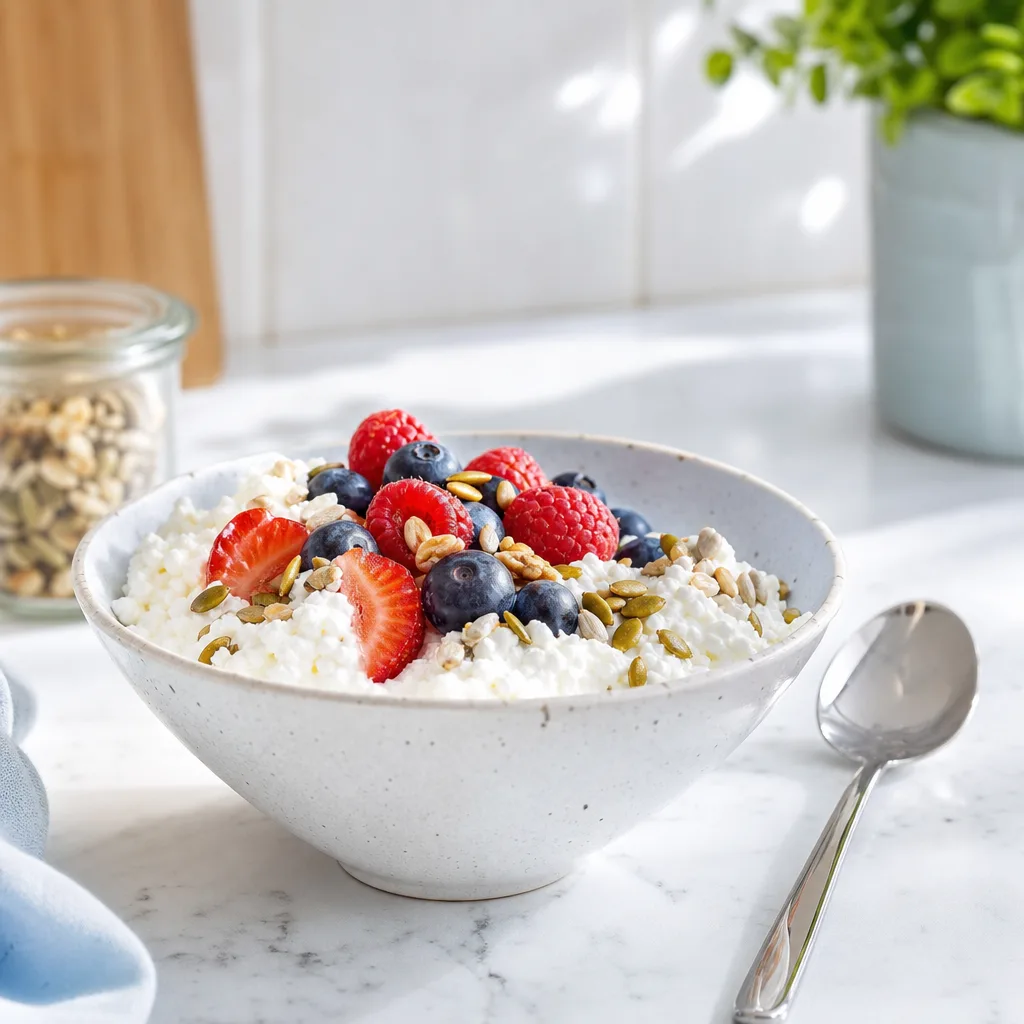 Simple breakfast bowl with cottage cheese, berries and seeds, spoon resting beside it, bright kitchen light