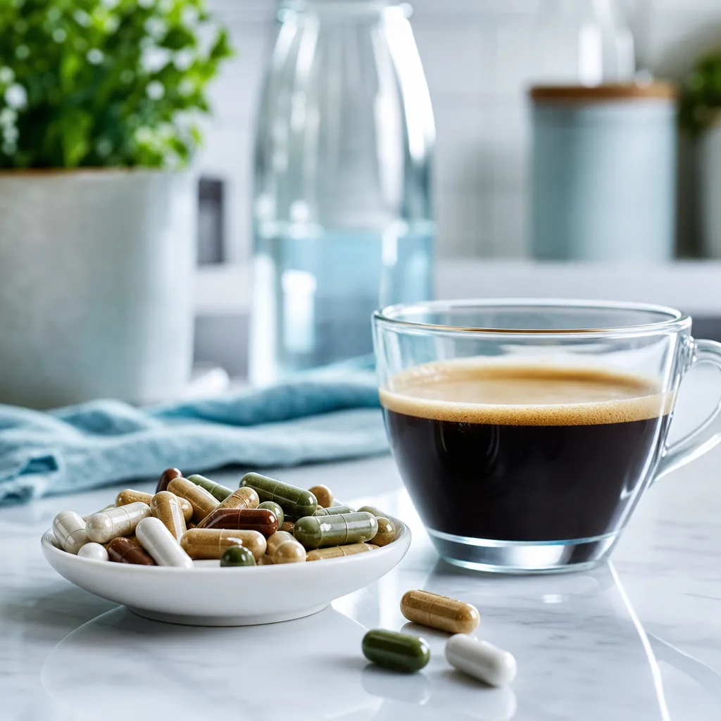 cup of coffee and small dietary supplement capsules on a kitchen table