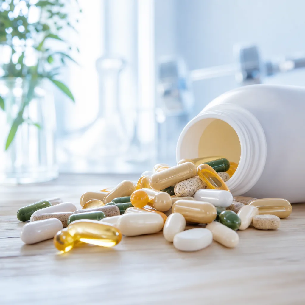 assorted supplement capsules spilling out of an open bottle on a wooden surface