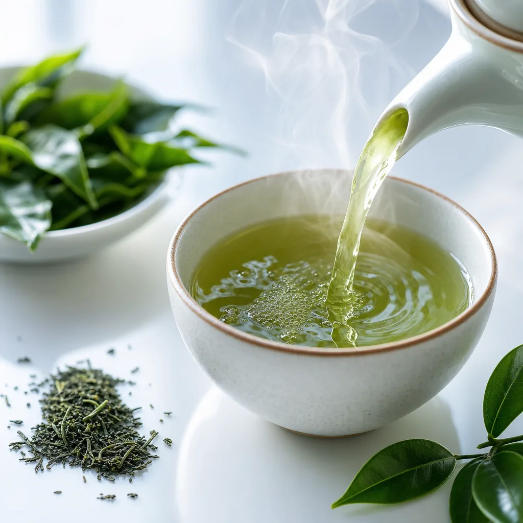 green tea being poured into a ceramic cup, close-up with steam