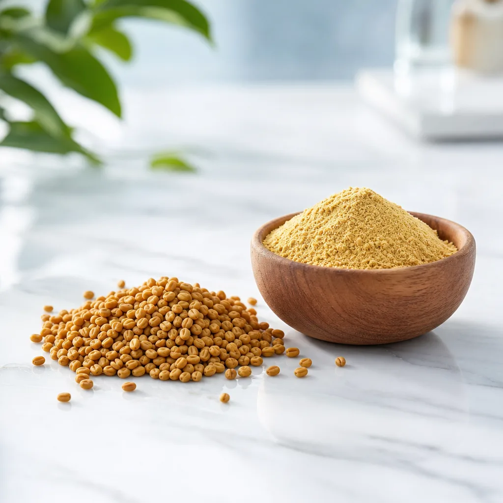 pile of fenugreek seeds next to a small wooden bowl of ground powder