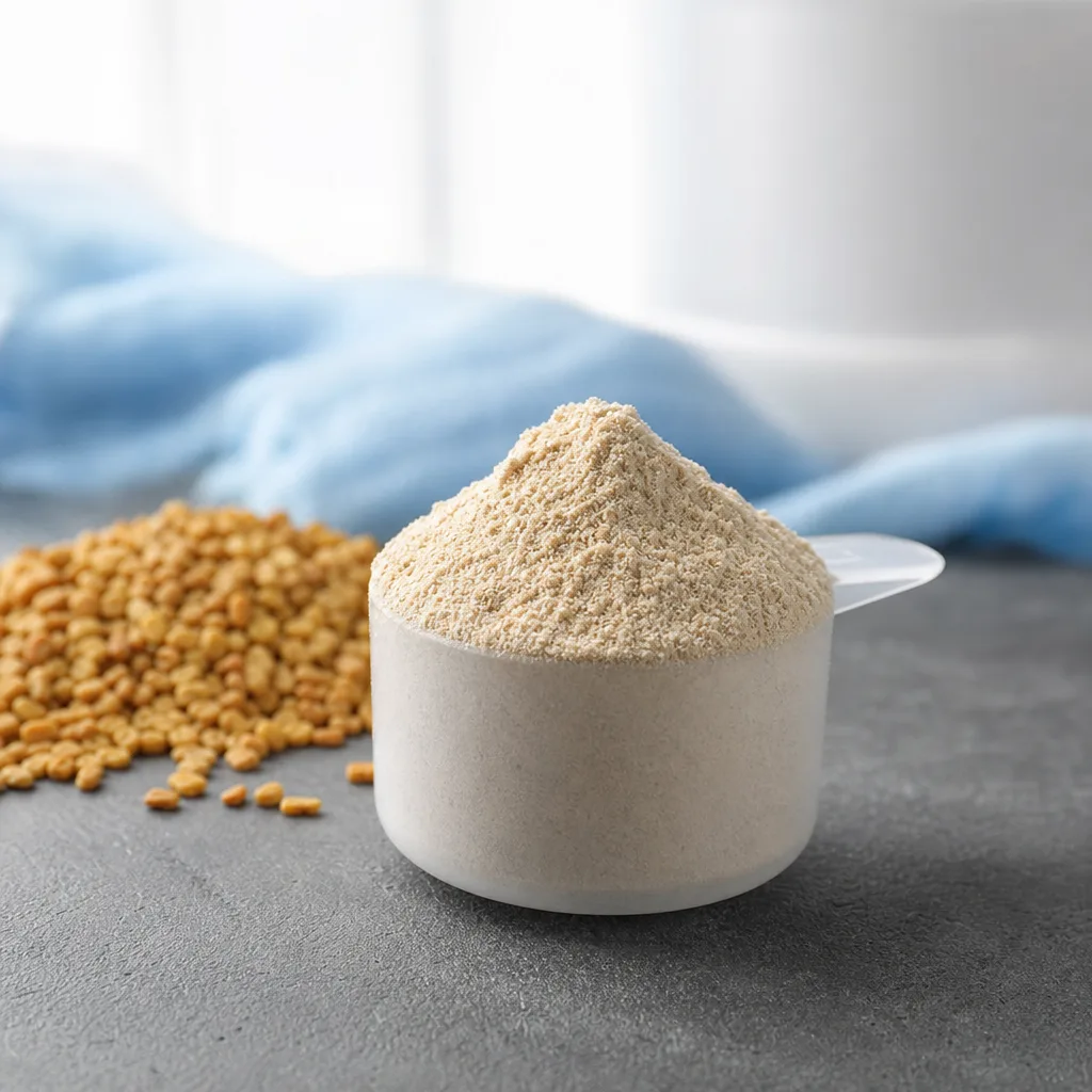 scoop of fenugreek supplement powder on a dark stone surface with natural light