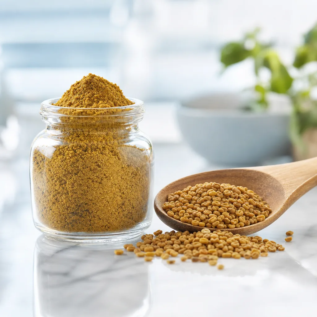 small glass jar of ground spice next to whole seeds on a wooden spoon