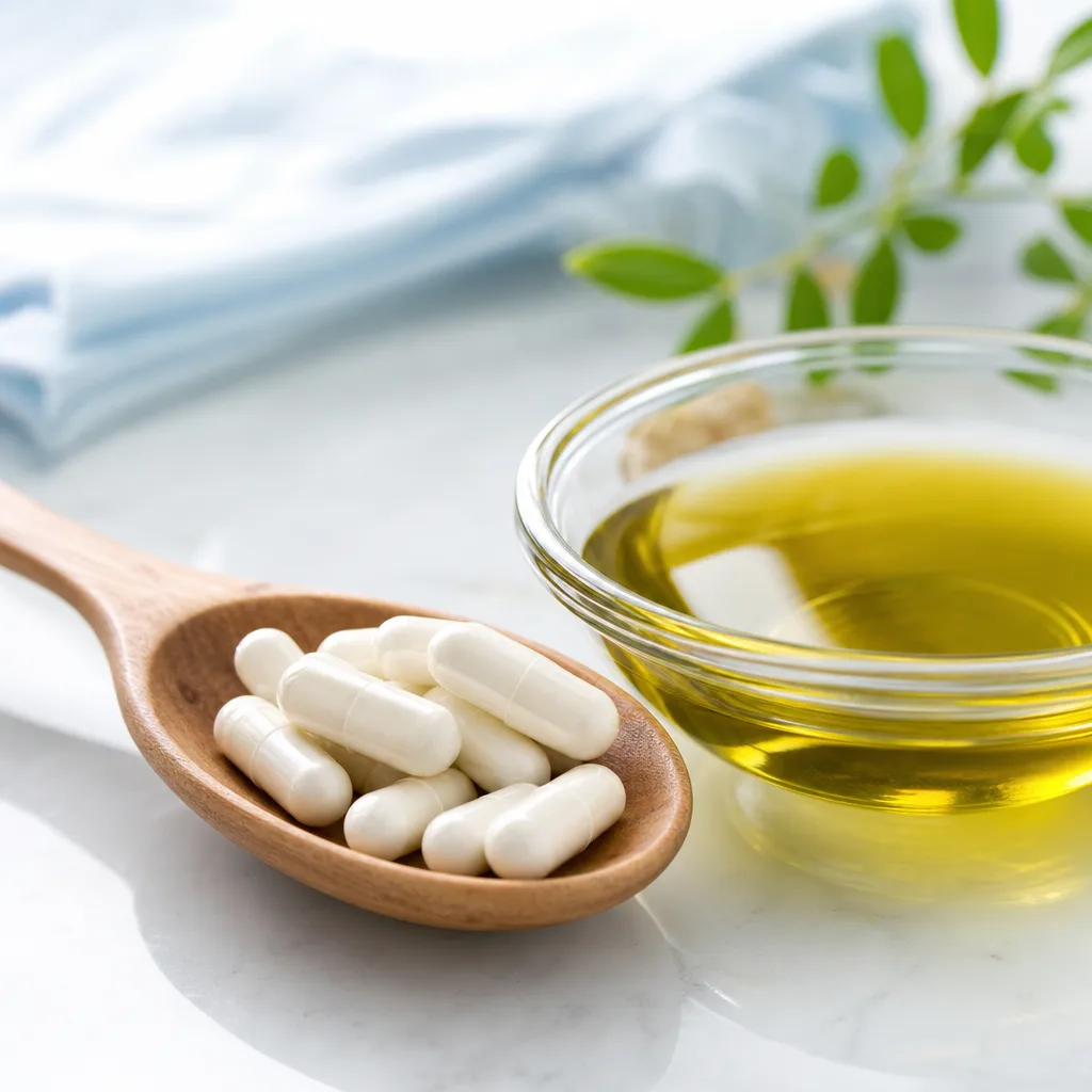 white capsules on a wooden spoon next to a small bowl of olive oil