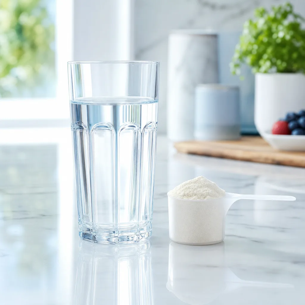 glass of water with a measuring scoop of supplement powder on a kitchen counter