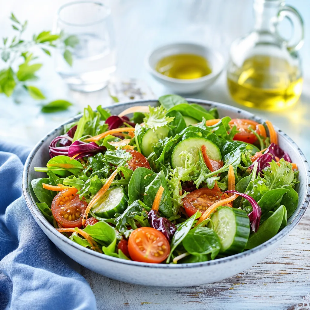 bowl of mixed salad with olive oil dressing on a rustic table