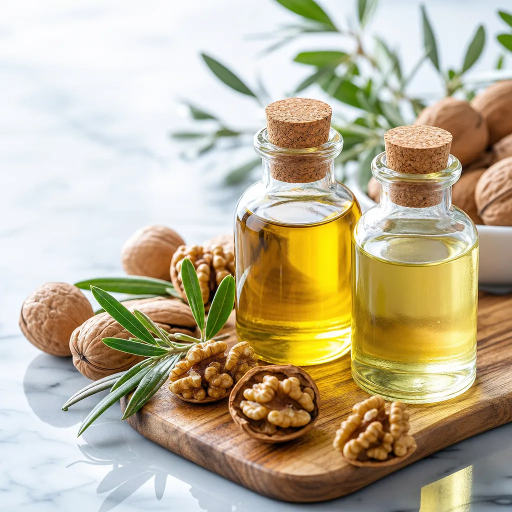 small glass bottles of olive oil and walnut oil next to walnuts on a wooden board