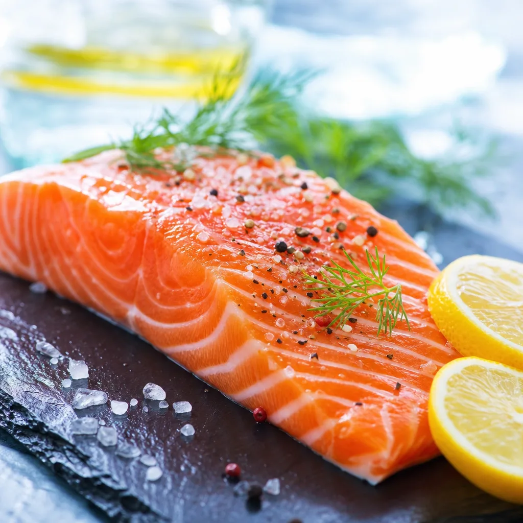 close up of fresh salmon fillet with lemon slices on a dark stone surface