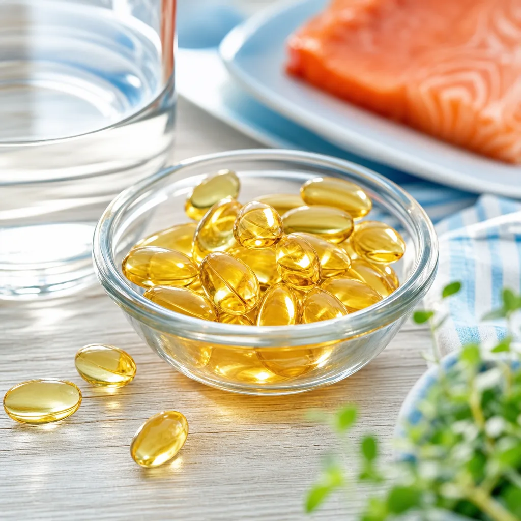 fish oil softgel capsules in a small glass dish on a wooden table