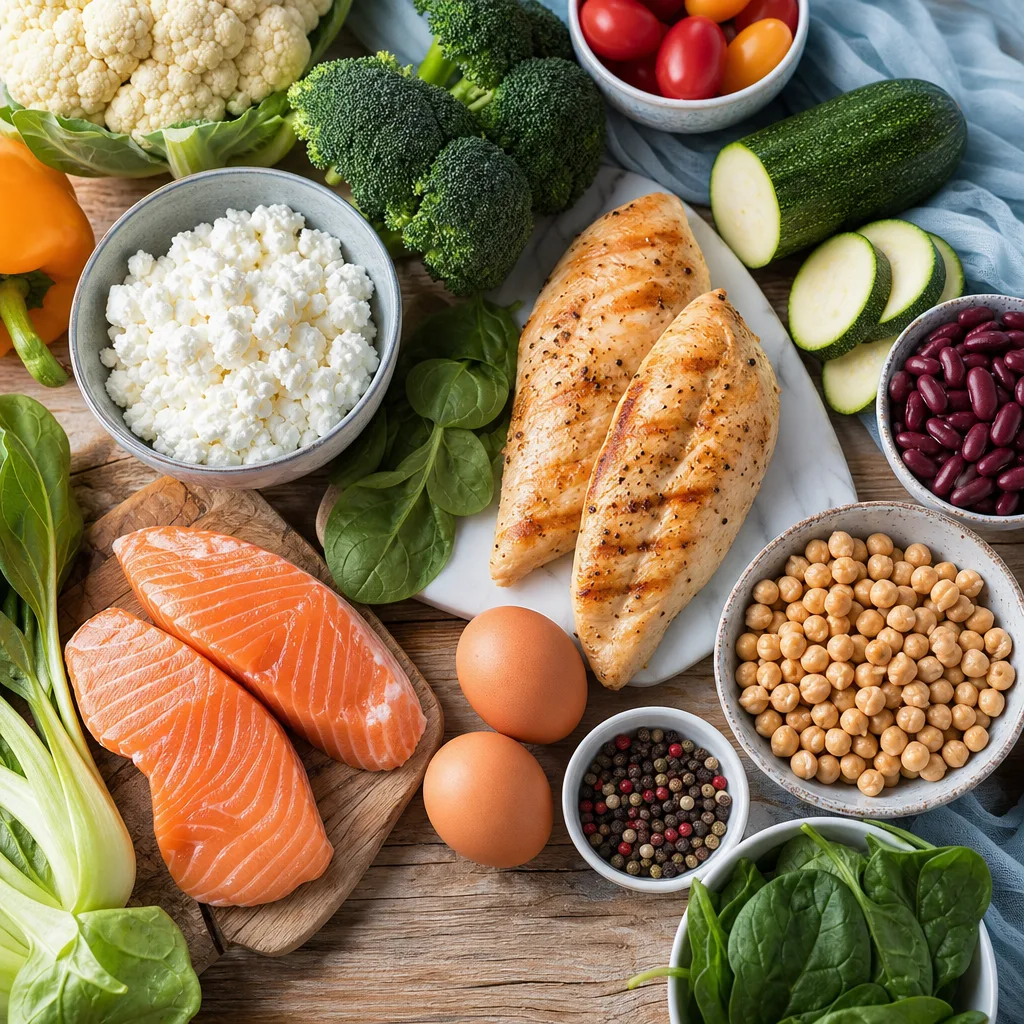 assorted fresh vegetables and lean protein foods arranged as a flat lay on a wooden table