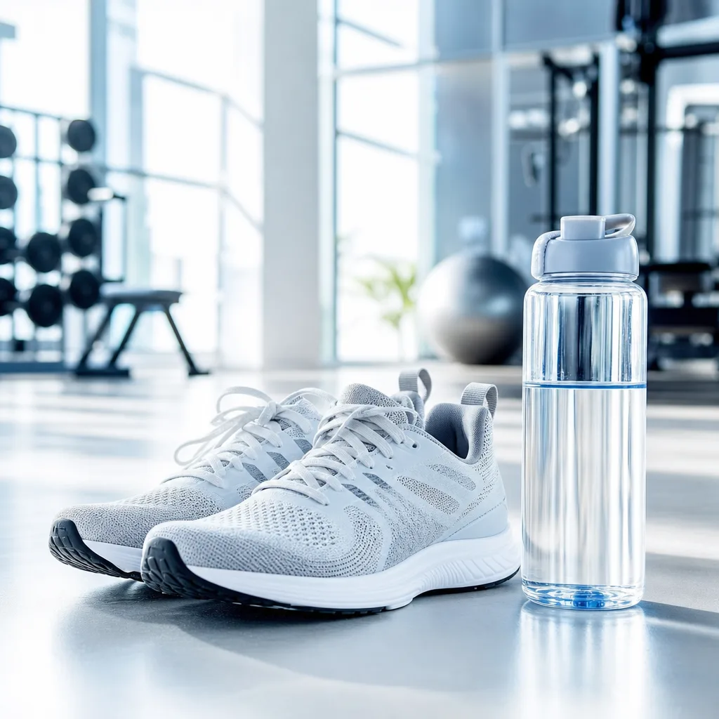 pair of running shoes and a water bottle on a gym floor, no people visible