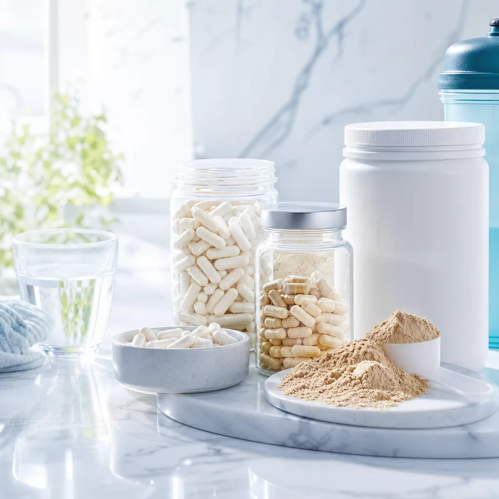 capsules and powder supplements neatly arranged on a marble surface