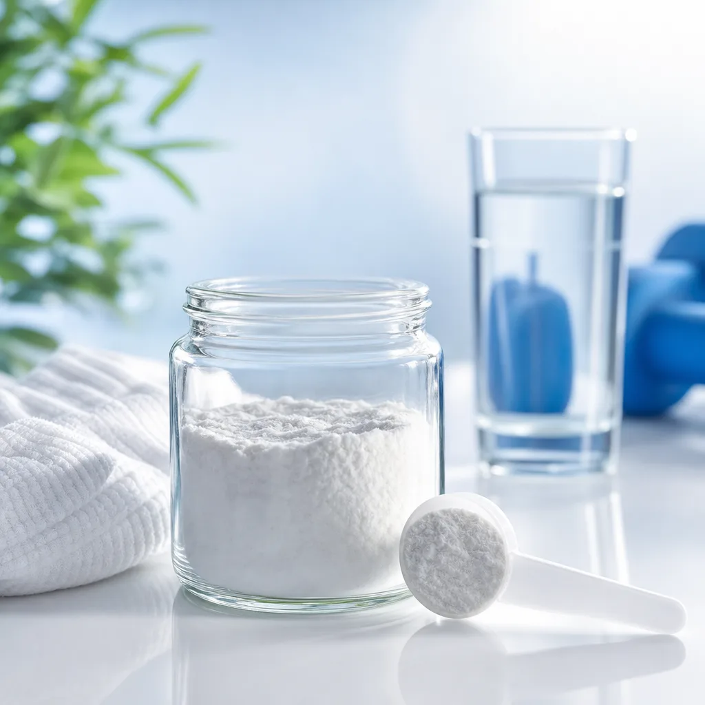 white powder in a small glass jar with a measuring scoop on a table