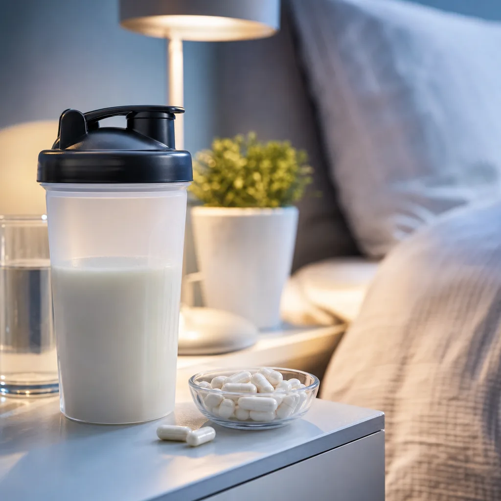 shaker bottle and capsules on a nightstand with soft evening lighting