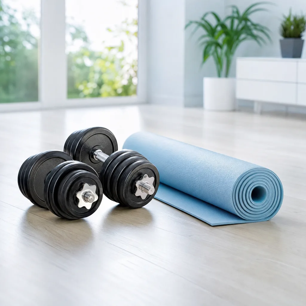 pair of adjustable dumbbells and a yoga mat laid out on a bright wooden floor