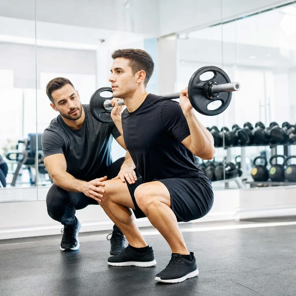 fitness trainer helping a beginner correct squat form in a bright studio with mirrors