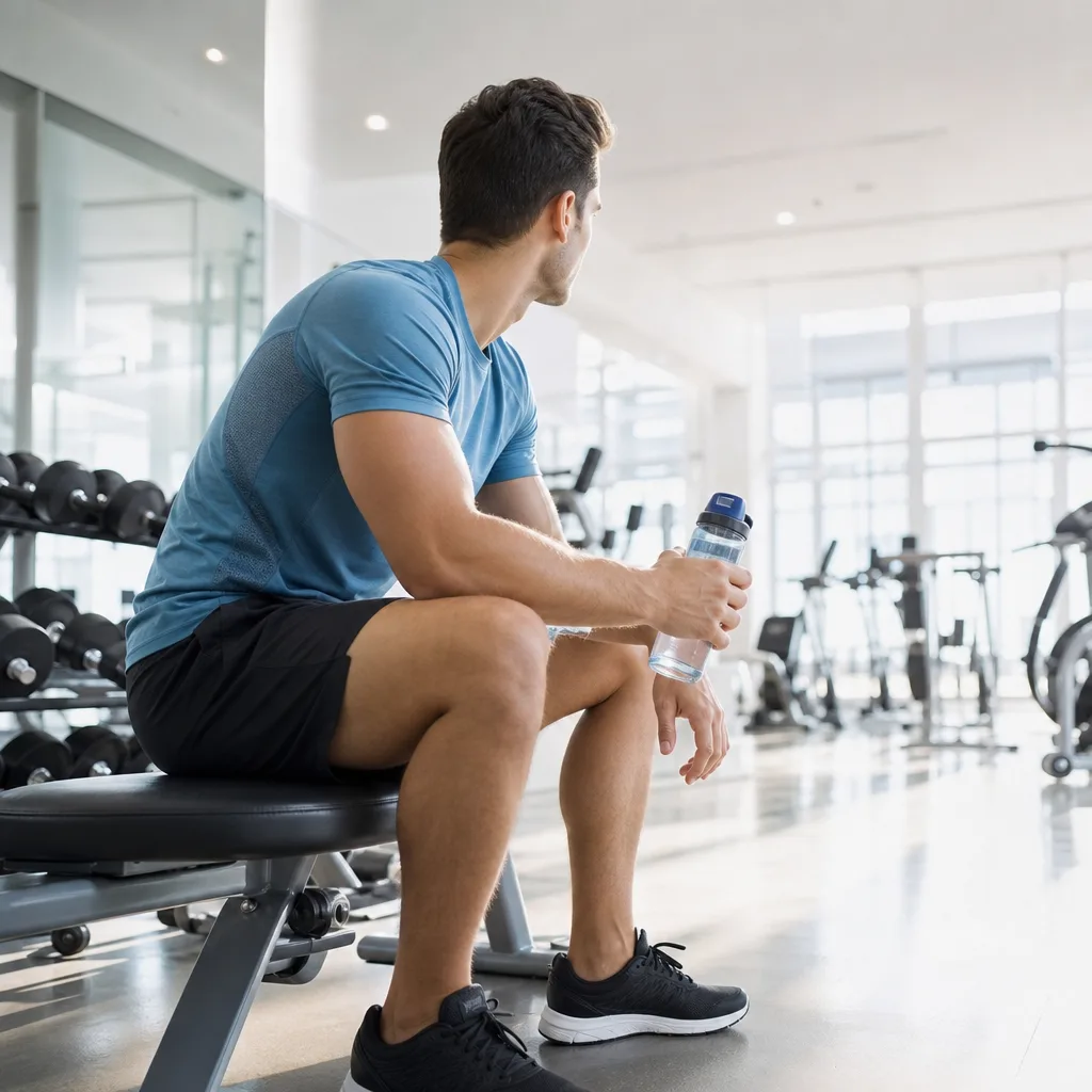 beginner man in athletic wear resting with a water bottle after a workout in a bright gym