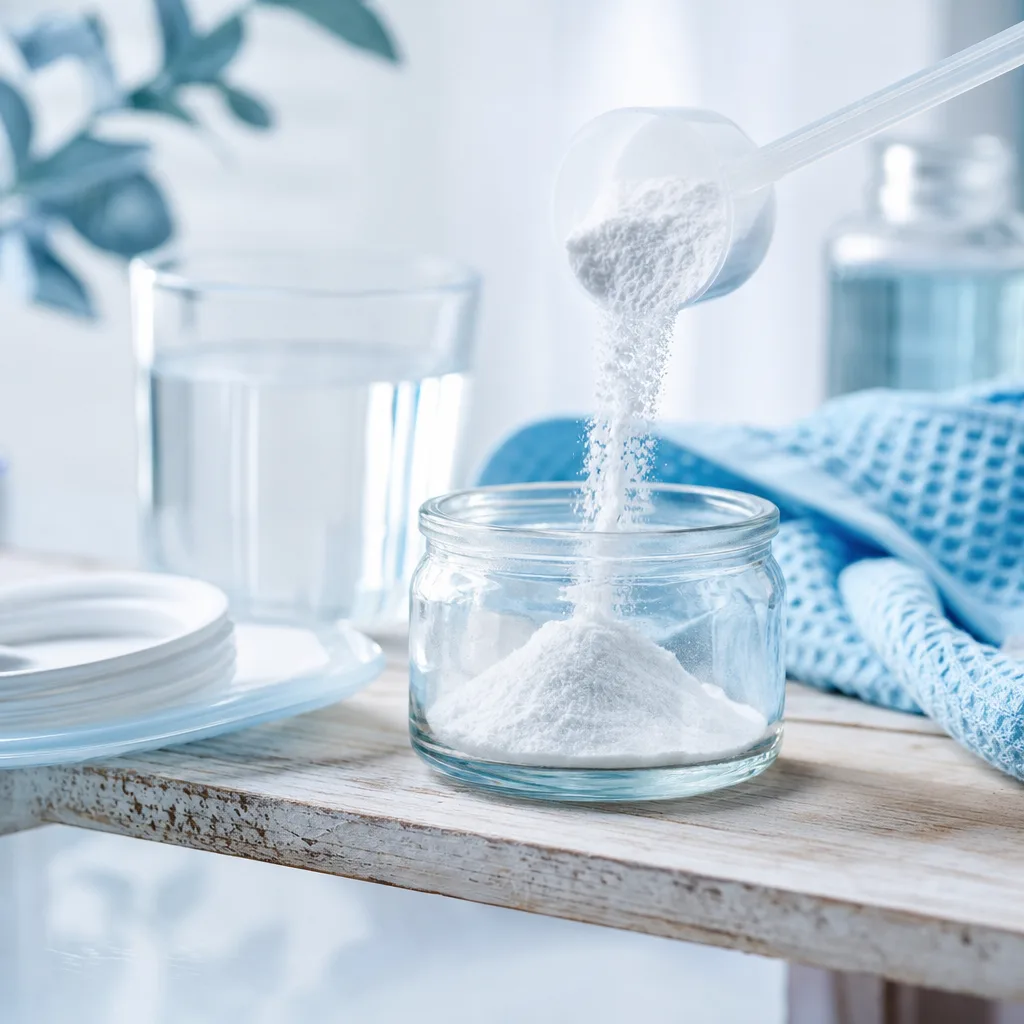 amino acid powder poured into a small glass jar on a rustic wooden shelf