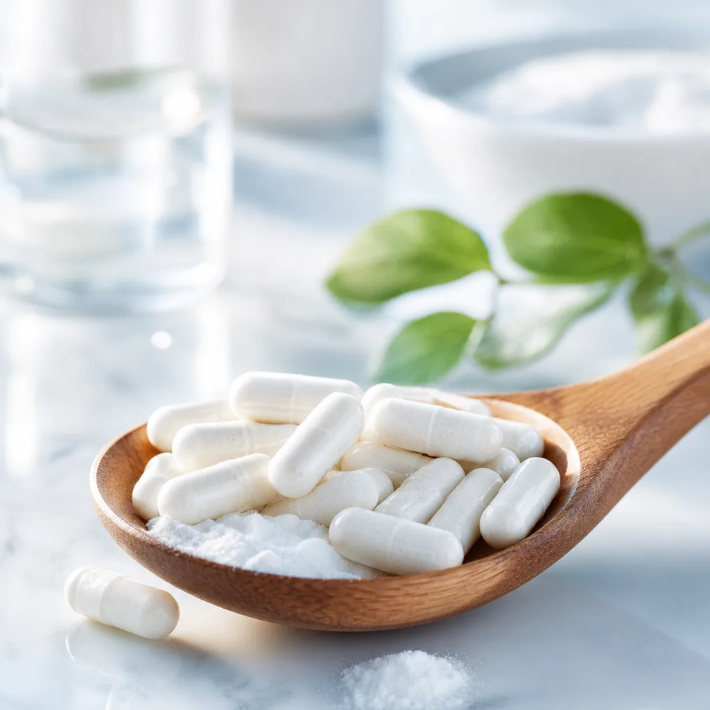 white powder capsules on a wooden spoon with soft natural light