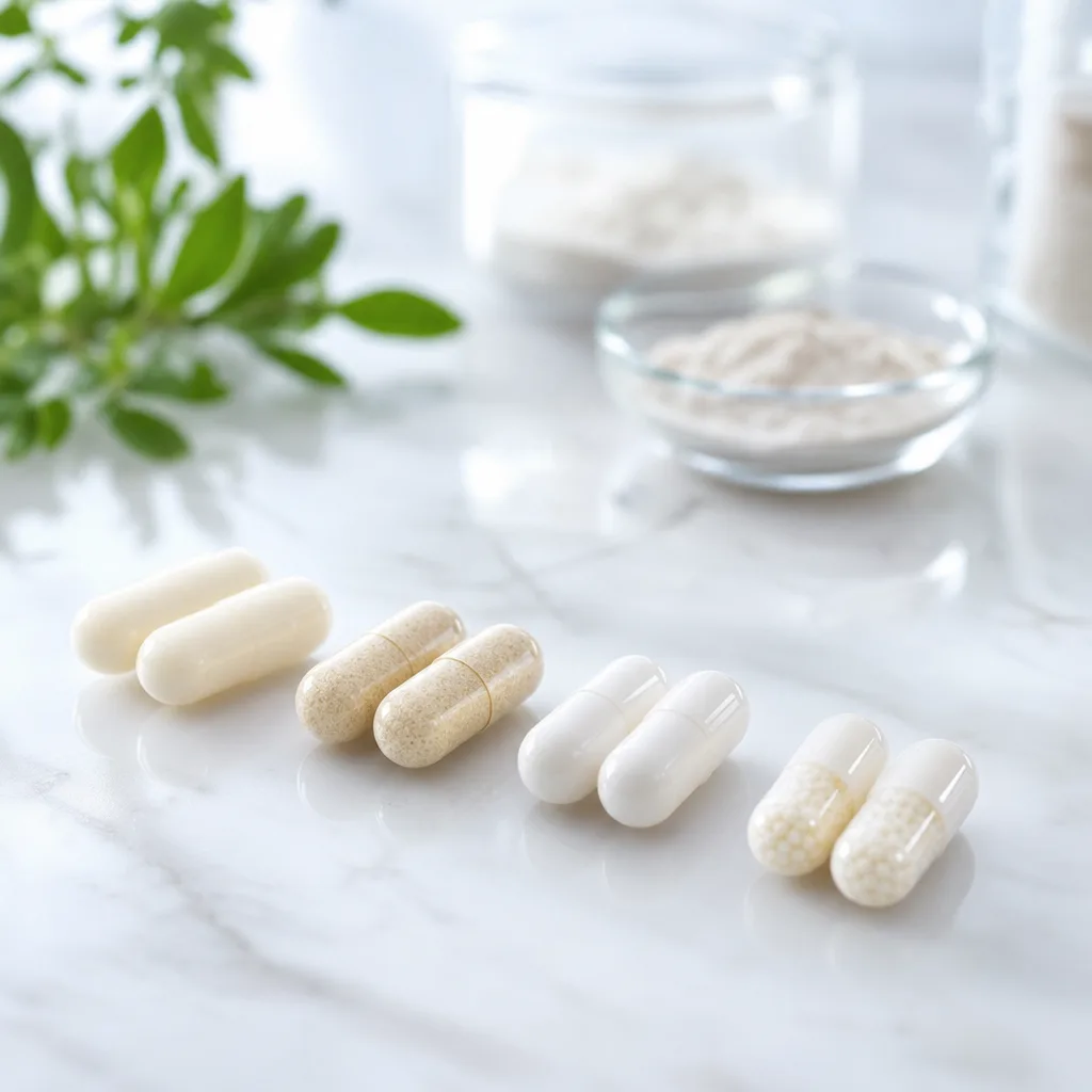 close-up of joint supplement capsules arranged in a neat row on a table