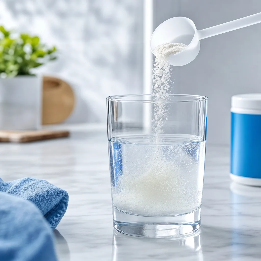 person's hands not visible, powder being poured into a glass of water on a kitchen counter