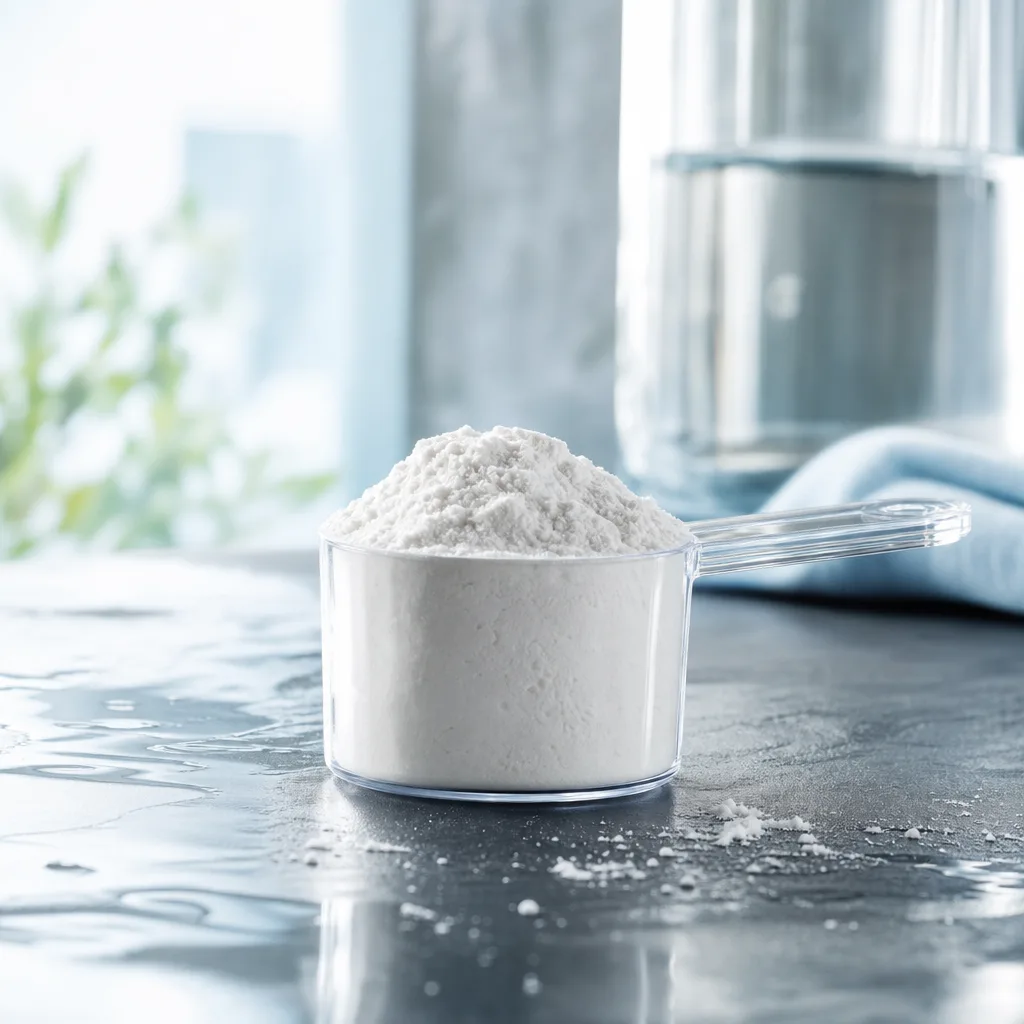 white amino acid powder in a glass scoop on a dark countertop