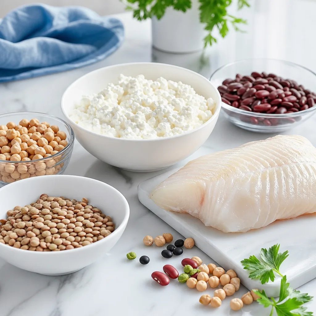 flat lay of quark, fish fillet and legumes representing protein rich foods