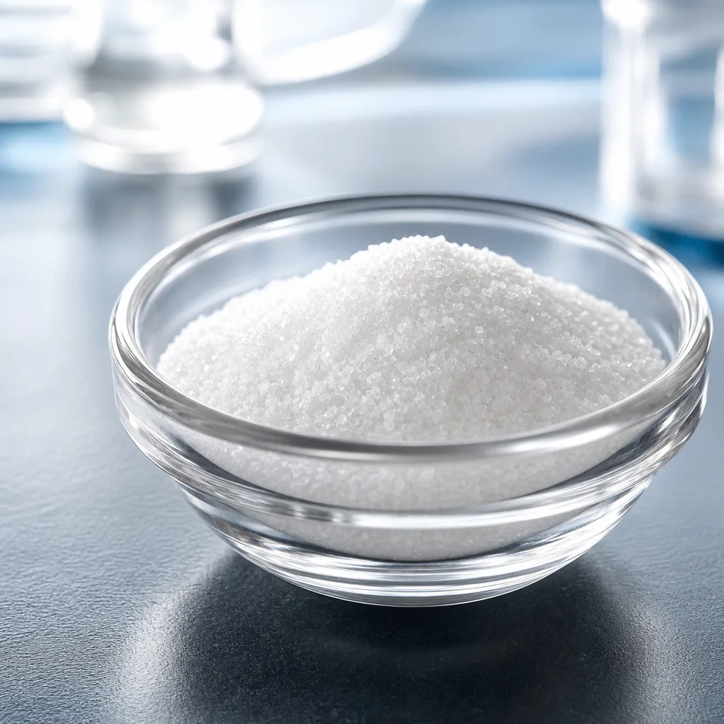 fine white amino acid crystals in a small glass bowl on a dark surface, macro shot