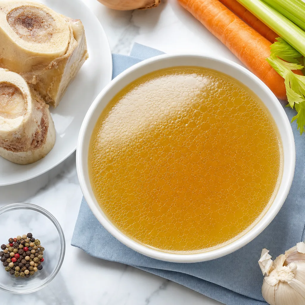 bowl of homemade bone broth with visible gelatin sheen, warm kitchen lighting, overhead view