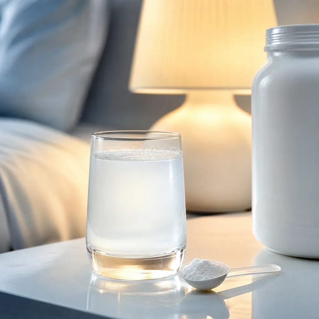 glass of dissolved white powder supplement on a nightstand next to a small spoon, warm evening light