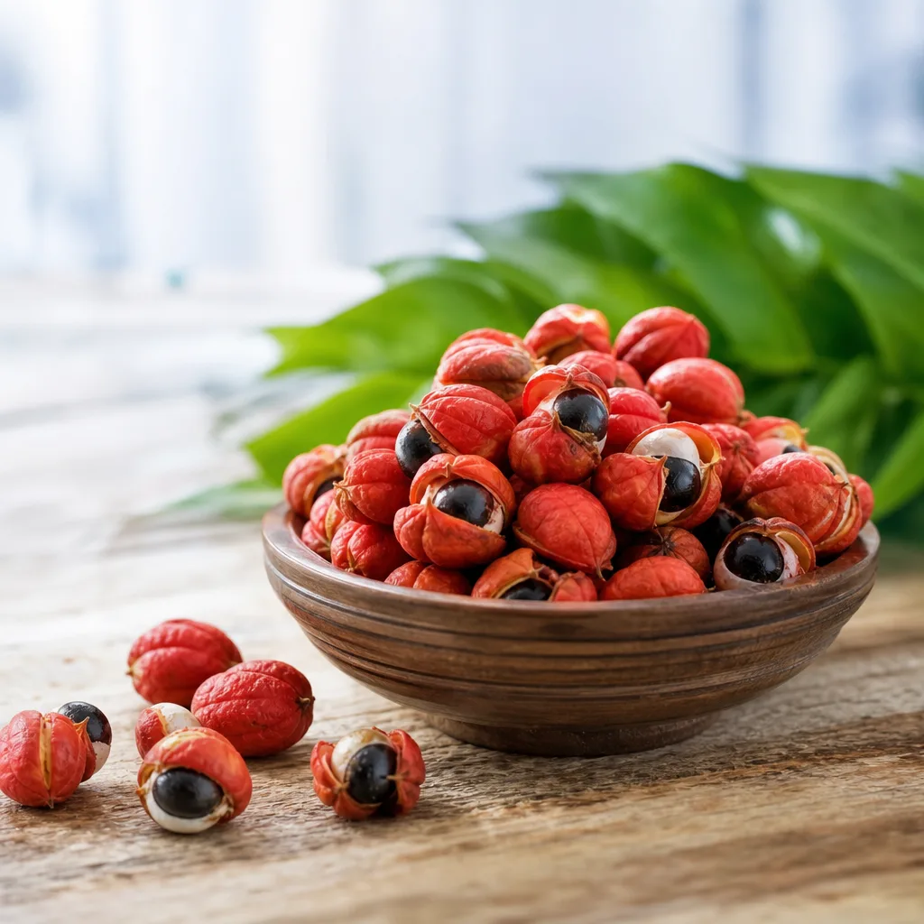 dried red guarana seeds in a small wooden bowl on a rustic table