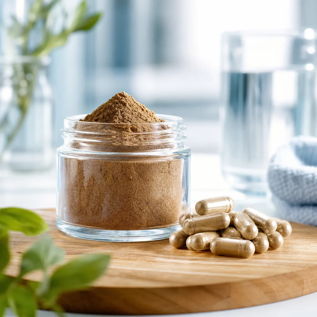guarana powder in a small glass jar next to capsules on a wooden counter