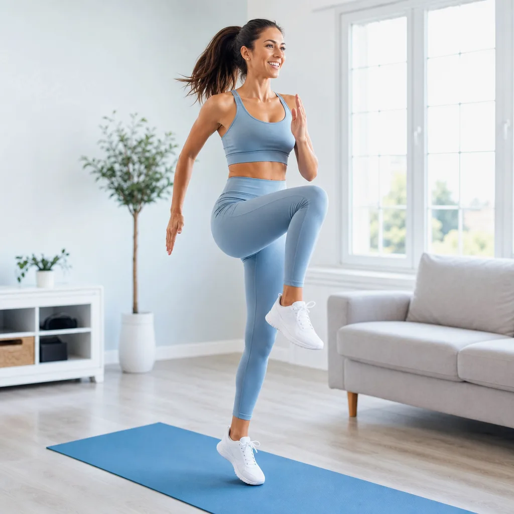 Smiling woman in athletic wear doing high knees during an interval workout in a bright living room