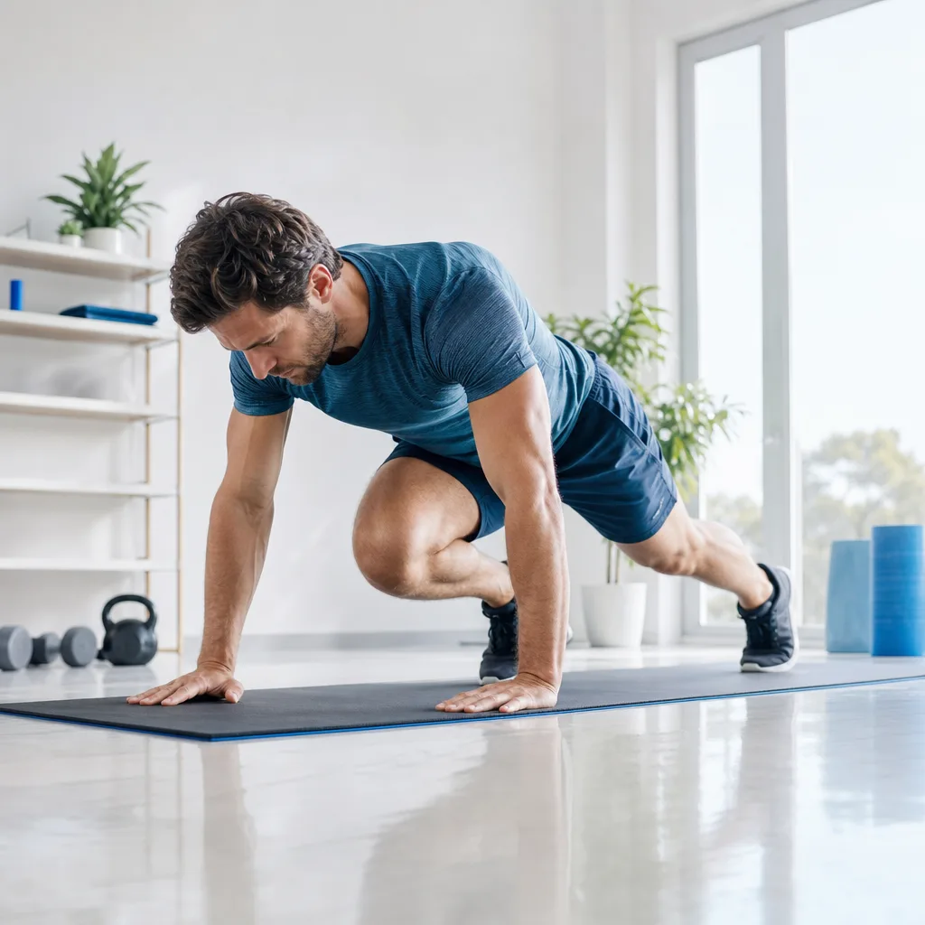 Fit man in sportswear doing mountain climbers on a mat in a bright home gym with daylight