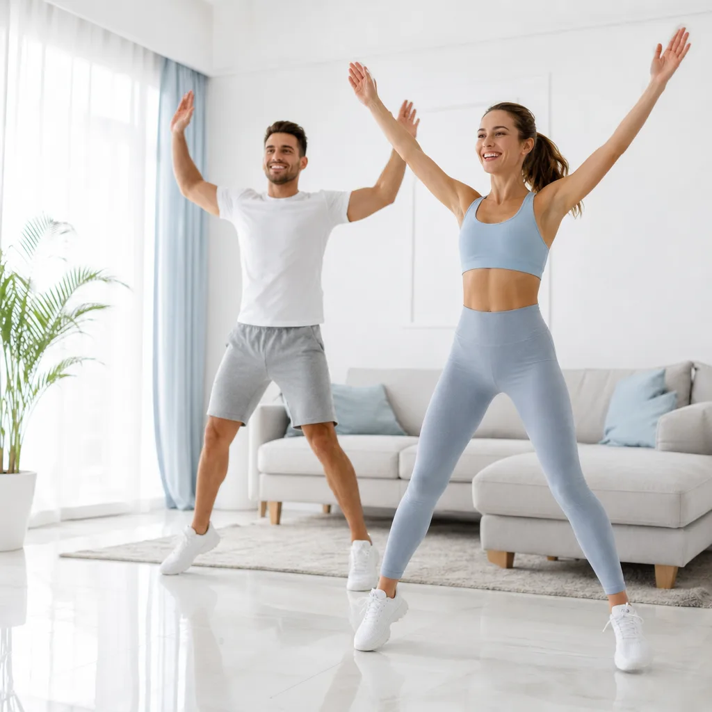 Smiling man and woman doing jumping jacks together in a bright living room during a workout
