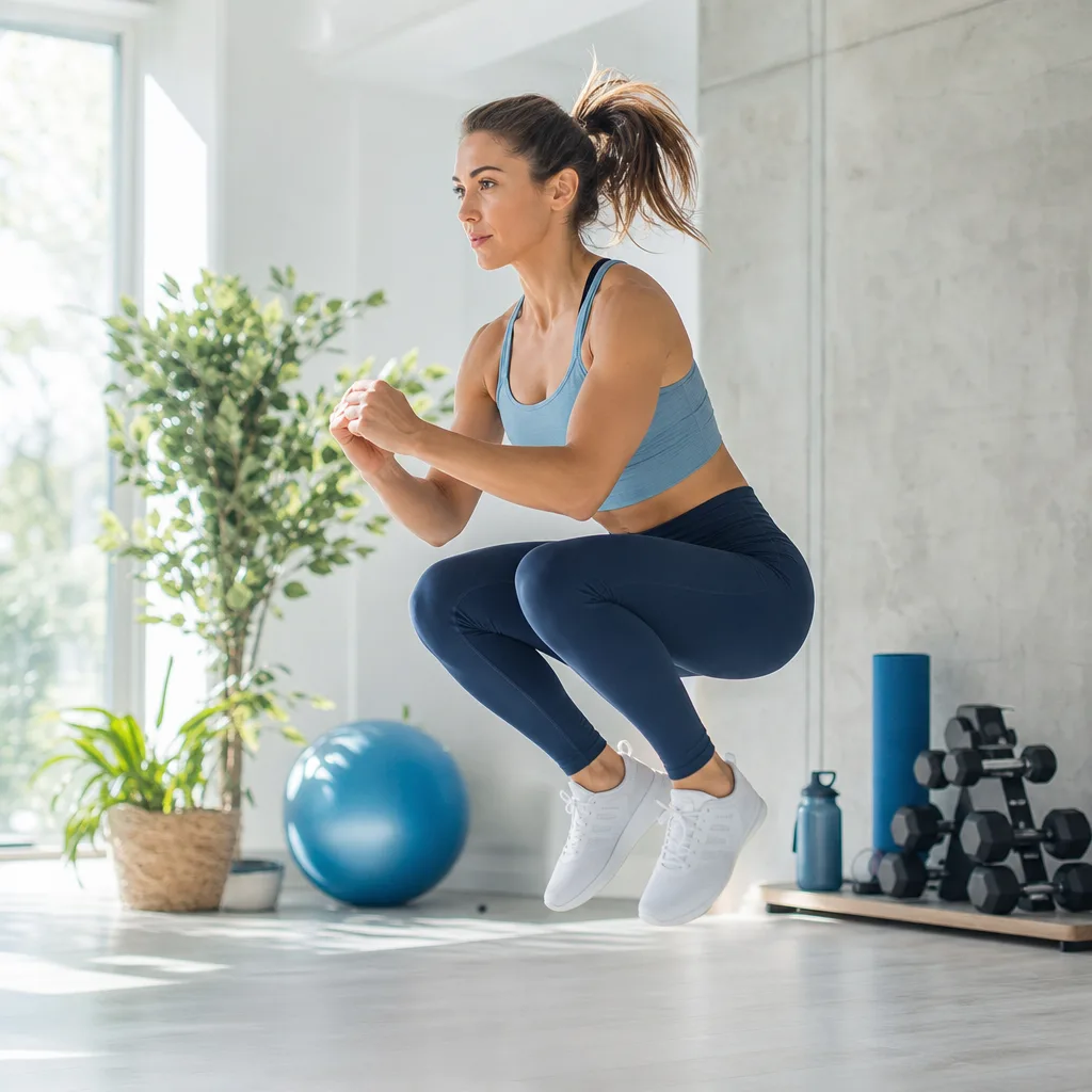 Fit woman in sportswear doing a jump squat in a bright home gym with daylight