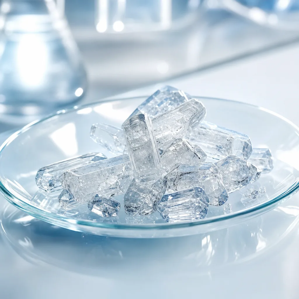 close up of translucent amino acid crystals under laboratory light, macro photography