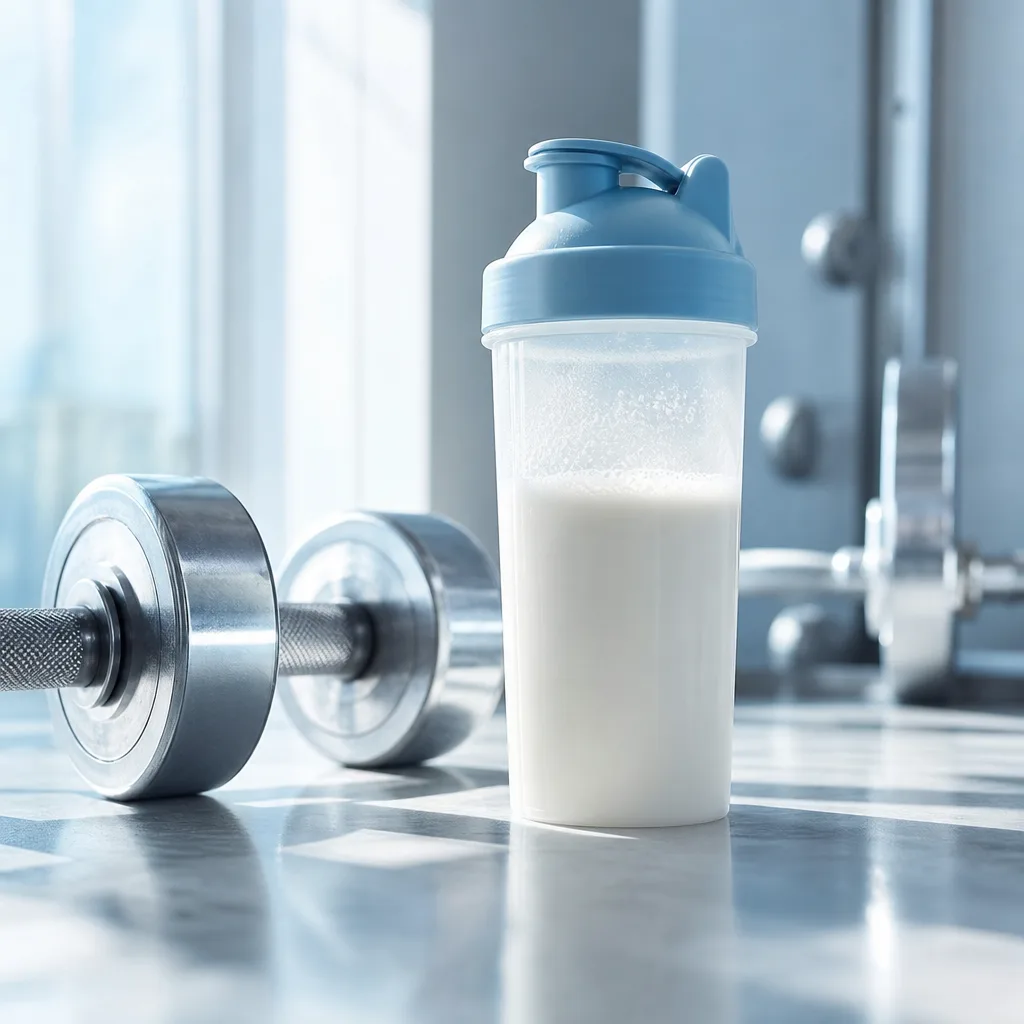 shaker bottle with dissolved white powder standing on a gym floor next to dumbbells, soft natural light